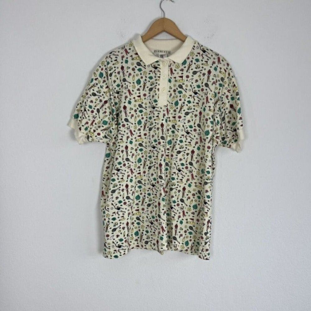 Vintage 90s Womens Blast Off Lady Golfers Cartoon Polo Shirt Pattern Retro XL